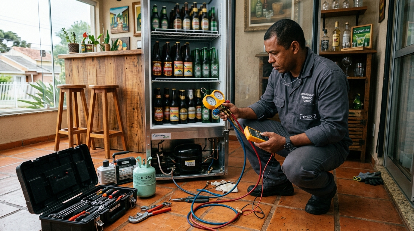 Profissional executando reparo no motor de cervejeira em Santos‑SP