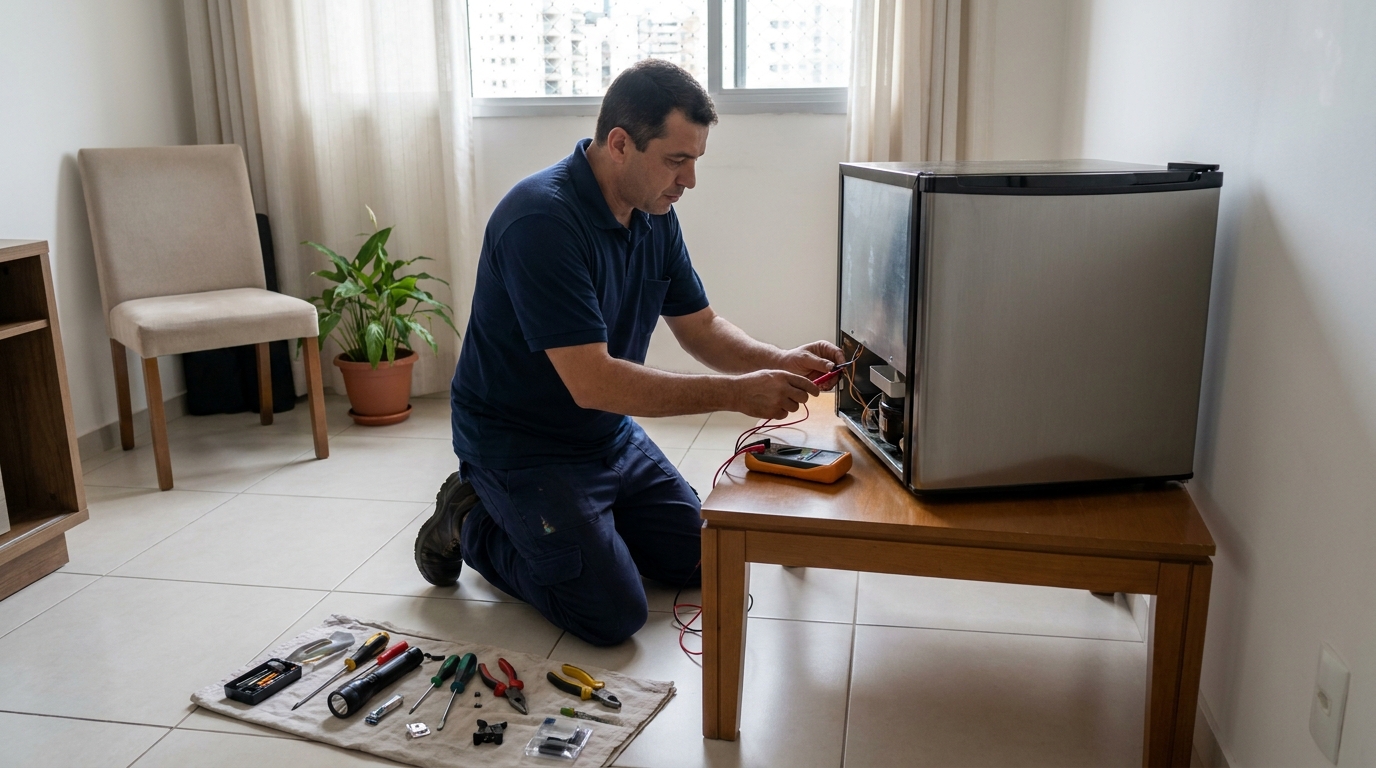 Técnico fazendo manutenção do motor de frigobar em Santos‑SP
