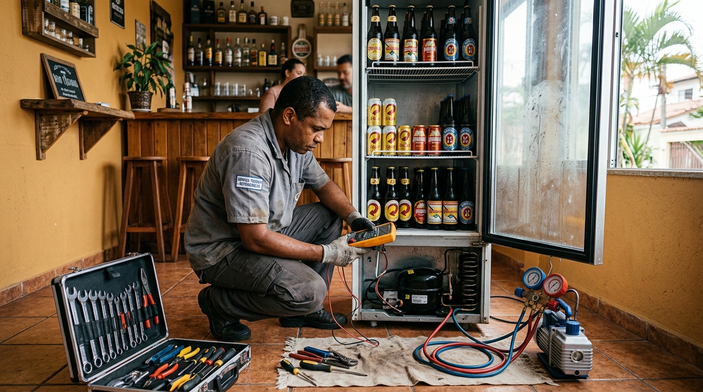 Substituição de termostato de cervejeira em serviço técnico em Santos‑SP